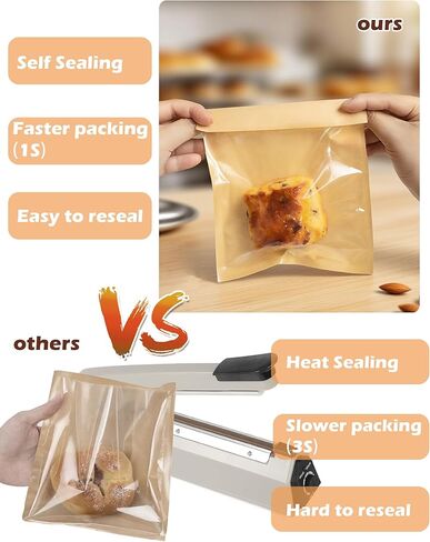 100 Pack Self Sealing Cookie Bags with Seal, 5.9x6.5 Inch Paper Bakery Bags with Window, Grease Resistant To Go Sleeves for Packaging Donut, Snack, Scone, Brownie, Small Pastries and other Treats in Kuwait