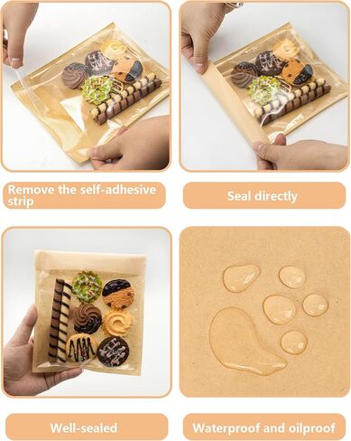 100 Pack Self Sealing Cookie Bags with Seal, 5.9x6.5 Inch Paper Bakery Bags with Window, Grease Resistant To Go Sleeves for Packaging Donut, Snack, Scone, Brownie, Small Pastries and other Treats in Kuwait