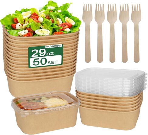 50 Pack 29oz Paper Food Containers【with Lids and Forks】, Disposable Meal Prep Containers, Disposable Food Containers for Leftovers, Salad, Soup, Microwave Freezer Safe for Hot/Cold Use in Saudi Arabia