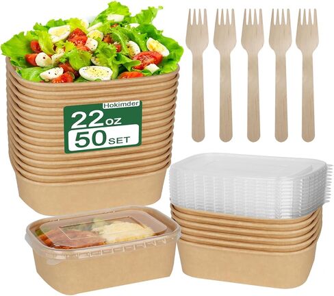 50 عبوة من حاويات الطعام الورقية بوزن 29oz، مع أغطية وشوك، حاويات تحضير الوجبات للاستعمال مرة واحدة، حاويات طعام للاستعمال مرة واحدة لبقايا الطعام، السلطة، الحساء، مجمد الميكروويف آمن للاستخدام الساخن/البارد in Kuwait