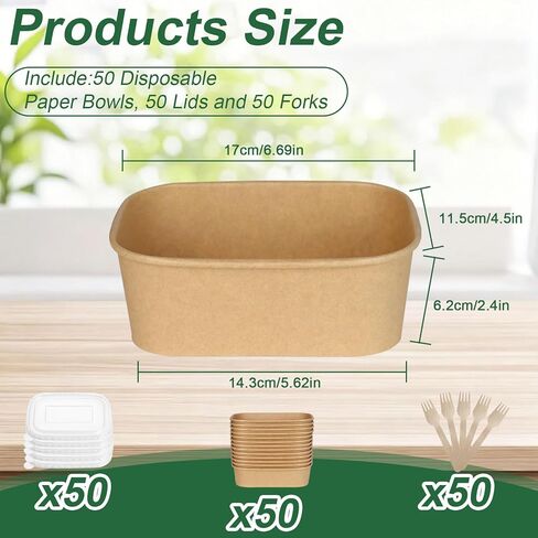 50 Pack 29oz Paper Food Containers【with Lids and Forks】, Disposable Meal Prep Containers, Disposable Food Containers for Leftovers, Salad, Soup, Microwave Freezer Safe for Hot/Cold Use in Saudi Arabia