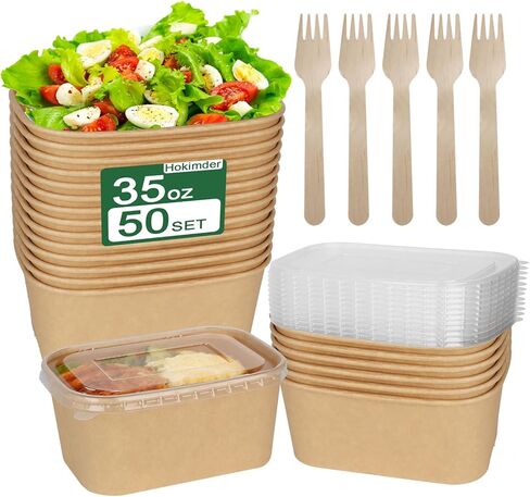 50 Pack 29oz Paper Food Containers【with Lids and Forks】, Disposable Meal Prep Containers, Disposable Food Containers for Leftovers, Salad, Soup, Microwave Freezer Safe for Hot/Cold Use in Saudi Arabia