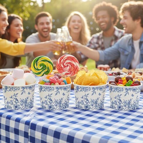 أكواب الوجبات الخفيفة ذات الأزهار الزرقاء - 50 قطعة من أكواب الآيس كريم باللونين الأزرق والأبيض للاستعمال مرة واحدة، وعاء حلوى ورقي على شكل زهرة عتيقة لحساء الطعام المثلج الساخن واللبن الزبادي ومستلزمات الحفلات in Saudi Arabia