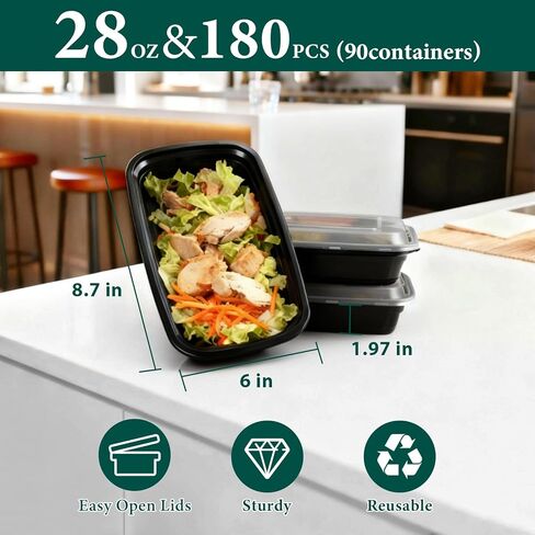 90 عبوة من حاويات أحادية الاستخدام مع أغطية، حاويات إعداد الوجبات، متينة مانعة للتسرب وآمنة للطعام، ميكروويف، مجمد، حاويات تخزين طعام آمنة للاستخدام في غسالة الأطباق مع أغطية سهلة الفتح in Kuwait