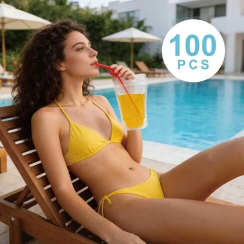 100 كيس مشروبات بفتحات من القش - أكياس عصير وخمور قابلة للإغلاق للبالغين | أكياس المشروبات للبالغين، وأكياس العصير للبالغين - قابلة للتجميد للمشروبات الساخنة والباردة. in Saudi Arabia