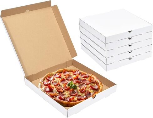 JJO 14X14X2 بوصة 10 عبوات من علب البيتزا المموجة، علب بيتزا من الورق المقوى شديد التحمل، صناديق بيضاء للاستعمال مرة واحدة للبسكويت والفطائر ومفضلات الحفلات والحرف اليدوية in Kuwait