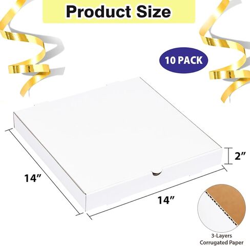 JJO 14X14X2 بوصة 10 عبوات من علب البيتزا المموجة، علب بيتزا من الورق المقوى شديد التحمل، صناديق بيضاء للاستعمال مرة واحدة للبسكويت والفطائر ومفضلات الحفلات والحرف اليدوية in Kuwait