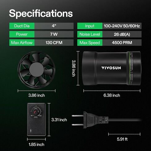 VIVOSUN 4 "مروحة العادم المضمنة ووحدة التحكم في السرعة، ورشة عمل منخفضة الضوضاء 130 CFM مروحة قناة للتهوية HVAC، مروحة معززة للتهوية في خيام النمو والأقبية والحمامات والمطابخ والسندرات والطابعة ثلاثية الأبعاد in Kuwait
