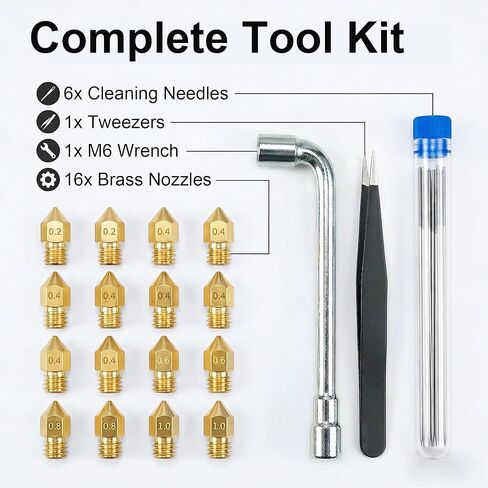 3D Printer Nozzle Kit, 16PCS MK8 Brass Nozzles 0.2/0.4/0.6/0.8/1.0mm with Wrench, Tweezers, Cleaning Needles & Storage Box, Compatible with Ender 3/Pro, CR-10 Series in Saudi Arabia