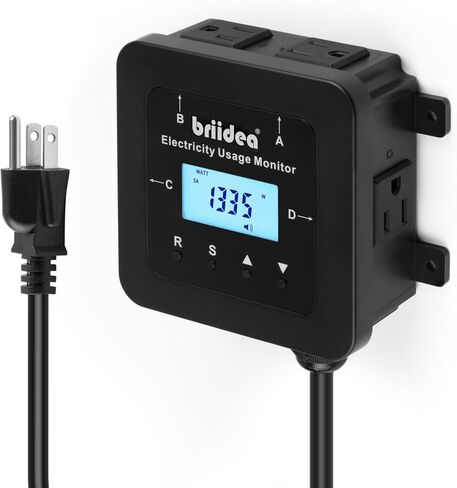 briidea Electricity Usage Monitor, 4-Outlet Power Consumption Watt Voltage Amp Meter Tester, Real-Time Energy Analyzer with Backlit LCD, Overload Alerts, Memory Function for Home Appliances in Saudi Arabia