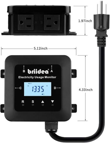 briidea Electricity Usage Monitor, 4-Outlet Power Consumption Watt Voltage Amp Meter Tester, Real-Time Energy Analyzer with Backlit LCD, Overload Alerts, Memory Function for Home Appliances in Saudi Arabia