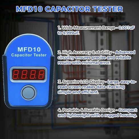 MFD10 Capacitor Tester, Digital Capacitance Meter with LED Display, 0.001µF to 9999µF Range, ±5% Accuracy, for HVAC Appliance Motor Start/Run Capacitor Testing (Black) in Saudi Arabia
