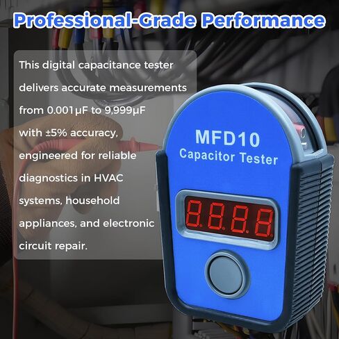 MFD10 Capacitor Tester, Digital Capacitance Meter with LED Display, 0.001µF to 9999µF Range, ±5% Accuracy, for HVAC Appliance Motor Start/Run Capacitor Testing (Black) in Saudi Arabia