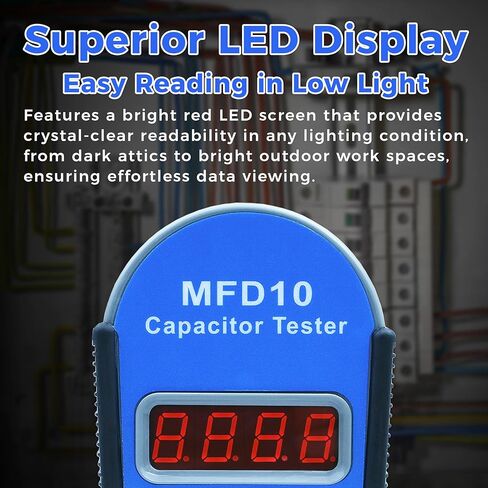 MFD10 Capacitor Tester, Digital Capacitance Meter with LED Display, 0.001µF to 9999µF Range, ±5% Accuracy, for HVAC Appliance Motor Start/Run Capacitor Testing (Black) in Saudi Arabia
