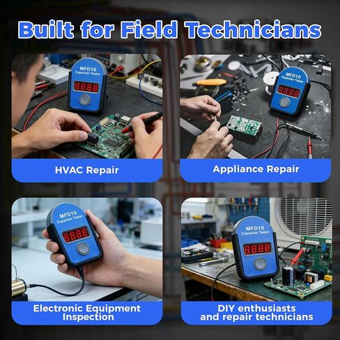 MFD10 Capacitor Tester, Digital Capacitance Meter with LED Display, 0.001µF to 9999µF Range, ±5% Accuracy, for HVAC Appliance Motor Start/Run Capacitor Testing (Black) in Saudi Arabia