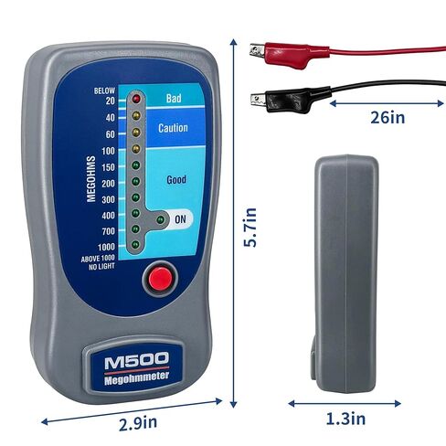 جهاز اختبار مقاومة العزل M500 Megohmmeter متوافق مع Supco M500 Megohmmeter، يقيس 20-1000 ميغا أوم عند 500 فولت مع مؤشرات LED واضحة للكشف السريع عن الأخطاء مع حقيبة حمل ناعمة in Kuwait