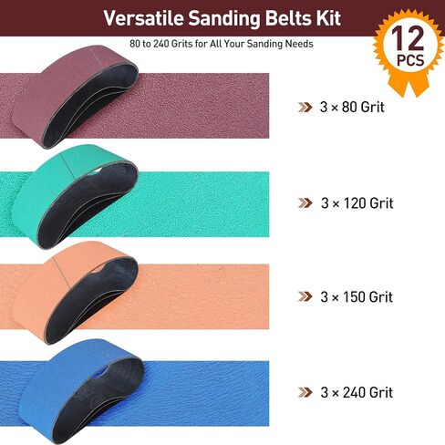 12 Pcs 3" x 21" Sanding Belts for Belt Sander, Assorted Grits (3 Each of 80 120 150 240), Aluminum Oxide Sanding Belts for Woodworking Metal Polishing Knife Sharpening in Kuwait