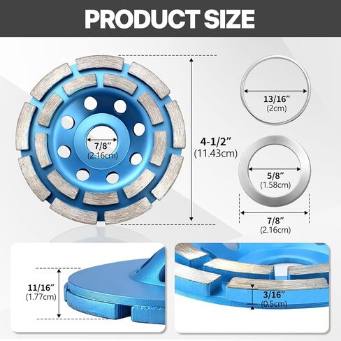 عجلة طحن خرسانية ماسية مقاس 4-1/2 بوصة، قرص كأس عالي التحمل بصف مزدوج مع محولات أربور 7/8 بوصة إلى 5/8 بوصة - إزالة سريعة للمواد لطاحونة الزوايا على الأسمنت والحجر والجرانيت والبناء (أزرق) in Kuwait