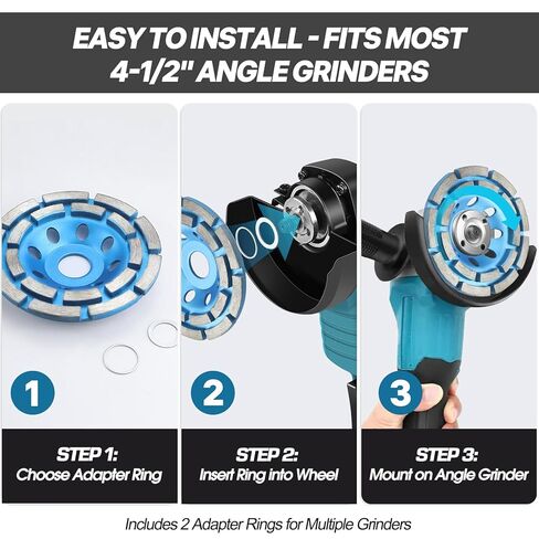 عجلة طحن خرسانية ماسية مقاس 4-1/2 بوصة، قرص كأس عالي التحمل بصف مزدوج مع محولات أربور 7/8 بوصة إلى 5/8 بوصة - إزالة سريعة للمواد لطاحونة الزوايا على الأسمنت والحجر والجرانيت والبناء (أزرق) in Kuwait