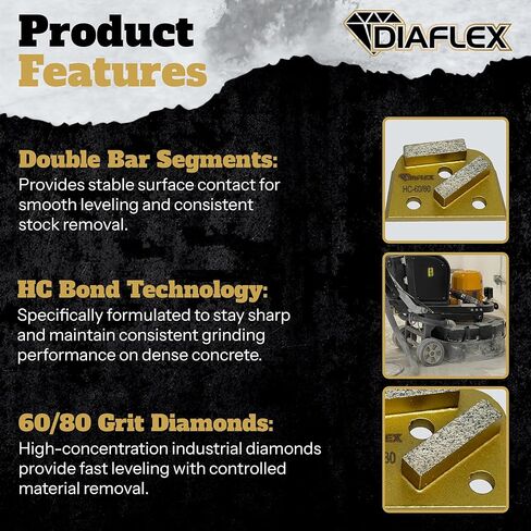 أداة طحن بقضيب مزدوج من Diaflex، (HC) 60/80 حبيبة ناعمة، شبه منحرف سريع التغيير لإعداد الأرضية الخرسانية، متوافقة مع Lavina وEDCO & Bartell Global، عبوة من 3 قطع in Saudi Arabia
