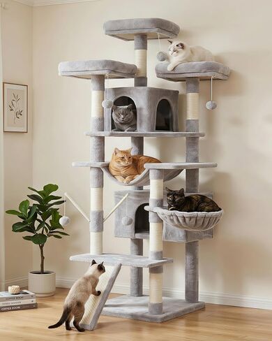 Hey-brother Cat Tree, 71 inches XL Large Cat Tower for Indoor Cats, Multi-Level Cat House with 3 Padded Perches, Big Scratcher, Cozy Basket, 2 Cat Condos and Scratching Posts, Beige MPJ034M in Kuwait