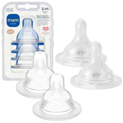MAM Bottle Nipples Mixed Flow Pack - Medium Flow Nipple Level 2 and Fast Flow Nipple Level 3, for Newborns and Older, SkinSoft Silicone Nipples for Baby Bottles, Fits All MAM Bottles, 4 Pack in Kuwait