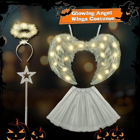 Angel Costumes Wings and Halo with LED Lights for Adult Women Kids Light Up Wings Tutu Skirt Star Wands Halloween Set 4PCS in Kuwait