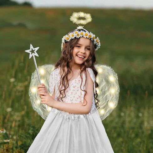 Angel Costumes Wings and Halo with LED Lights for Adult Women Kids Light Up Wings Tutu Skirt Star Wands Halloween Set 4PCS in Kuwait