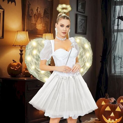 Angel Costumes Wings and Halo with LED Lights for Adult Women Kids Light Up Wings Tutu Skirt Star Wands Halloween Set 4PCS in Kuwait