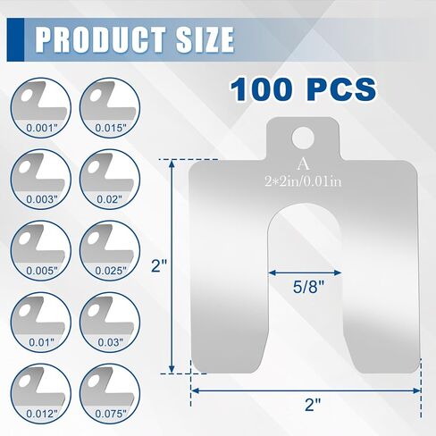 Stainless Steel Shim Kit - 100 Pcs (10 Sizes, 10 Pcs Each), 2"x2" Slotted Metal Shims for Leveling, Motor Alignment, Industrial Assortment with Storage Box for Machinist, Shop in Kuwait
