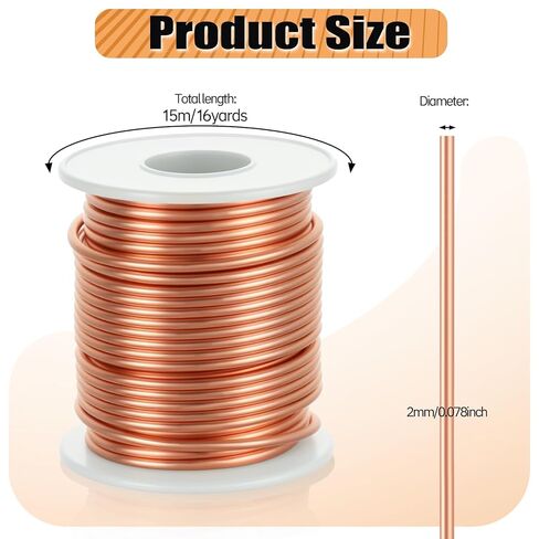 99.9% سلك نحاسي ناعم (12 مقياس، 2.05 مم)، 49.3 قدم / 15 متر، سلك نحاسي صلب بوزن 1 رطل أسلاك نحاسية نقية للزراعة الكهربائية والبستنة وصناعة المجوهرات والنباتات التي تصنعها بنفسك in Kuwait