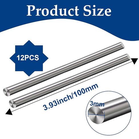 12PCS 3mm x 300mm 304 Stainless Steel Round Rod,Metal Rod Smooth Steel Rods,Solid Shaft Rods Bar for Industry,DIY Craft,Metal Working Hobbies in Kuwait