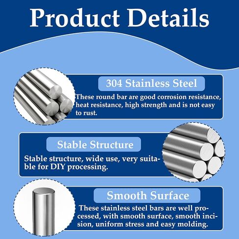 12PCS 3mm x 300mm 304 Stainless Steel Round Rod,Metal Rod Smooth Steel Rods,Solid Shaft Rods Bar for Industry,DIY Craft,Metal Working Hobbies in Kuwait