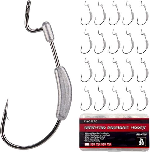 20Pcs Weighted Fishing Hooks Kit, Customized Weighted Swimbait Hooks for Bass Fishing, Wide Gap Weedless Worm Fish Hook with Molded Bait Keeper 1/0 2/0 3/0 4/0 in Saudi Arabia