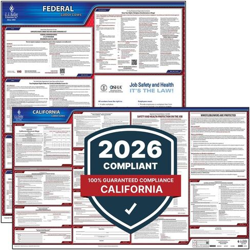 2025 مجموعة ملصقات قانون العمل في كاليفورنيا وقانون العمل الفيدرالي (اللغة الإنجليزية ، ولاية كاليفورنيا) - ملصقات مغلفة متوافقة مع OSHA ، J. J. Keller & Associates ، Inc. in Kuwait