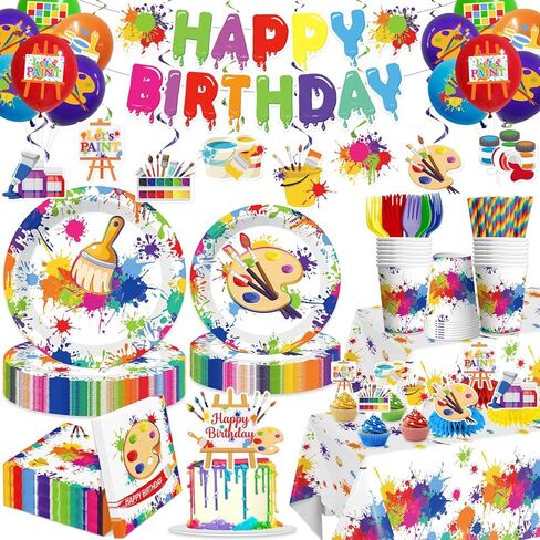 197pcs Paint Party Decorations for Kids and Art Lovers, Convenient Disposable Paper Tableware Set Includes 300gsm Plates and 2 PE Plastic Tablecloths for Paint Party and Celebration in Kuwait
