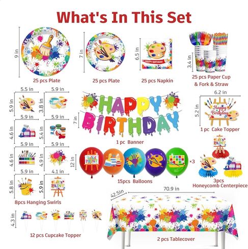 197pcs Paint Party Decorations for Kids and Art Lovers, Convenient Disposable Paper Tableware Set Includes 300gsm Plates and 2 PE Plastic Tablecloths for Paint Party and Celebration in Kuwait