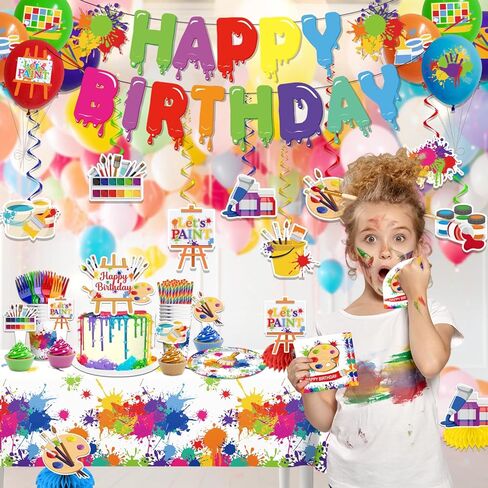 197pcs Paint Party Decorations for Kids and Art Lovers, Convenient Disposable Paper Tableware Set Includes 300gsm Plates and 2 PE Plastic Tablecloths for Paint Party and Celebration in Kuwait