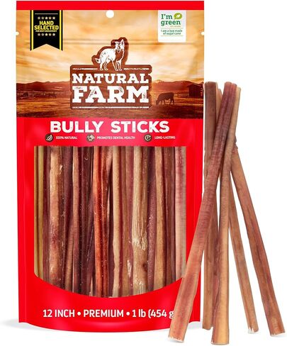 Natural Farm Odor-Free Select Bully Sticks, (12-Inch, 1-Pound), Hand Selected for Consistent Thickness, 100% Beef Pizzle Dog Chews, Fully Digestible, High Protein, Best Dental Treats in Kuwait