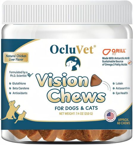 Vision Chews Eye Supplements for Dogs & Cats with Omega 3 Krill, Astaxantin, Choline, Lutein, Glutathione, Cat Vision Supplement & Dog Eye Supplements, Chicken Liver Flavor, 60 Chews, 3.5g Each in Kuwait