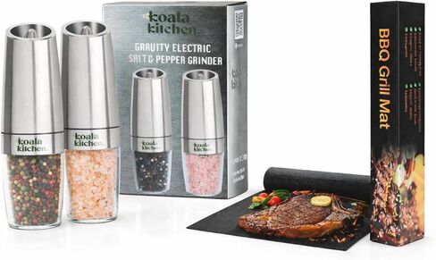 مجموعة مطحنة الملح والفلفل الكهربائية من جرافيتي + سجادات شواء غير لاصقة (5 عبوات) | مطاحن الجاذبية الخشنة القابلة للتعديل مع ضوء LED + بطانات الشواية القابلة لإعادة الاستخدام للشوي بالغاز والفحم والشواء الكهربائي in Kuwait