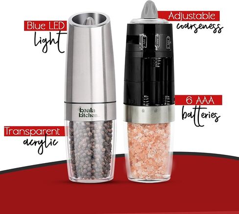 مجموعة مطحنة الملح والفلفل الكهربائية من جرافيتي + سجادات شواء غير لاصقة (5 عبوات) | مطاحن الجاذبية الخشنة القابلة للتعديل مع ضوء LED + بطانات الشواية القابلة لإعادة الاستخدام للشوي بالغاز والفحم والشواء الكهربائي in Kuwait