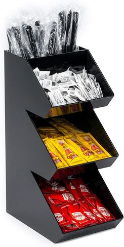 Condiment Holder Stand - 3 Tier Compartment for Condiments, Sauce Packets, and Coffee Station Organizer for Bar, Restaurant, Cafe, Home - Black Acrylic Caddy Storage Rack in Kuwait