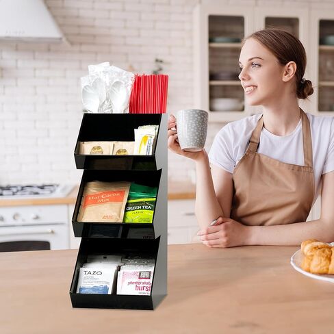 Condiment Holder Stand - 3 Tier Compartment for Condiments, Sauce Packets, and Coffee Station Organizer for Bar, Restaurant, Cafe, Home - Black Acrylic Caddy Storage Rack in Kuwait