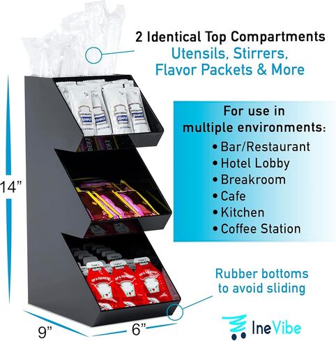 Condiment Holder Stand - 3 Tier Compartment for Condiments, Sauce Packets, and Coffee Station Organizer for Bar, Restaurant, Cafe, Home - Black Acrylic Caddy Storage Rack in Kuwait