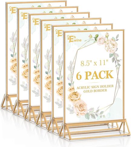 EHWINE 6 Pack 8.5×11 Clear Acrylic Sign Holder with Gold Borders and Vertical Stand, Double Sided Table Menu Holders Picture Frames for Wedding Table Numbers, Restaurant Signs, Photos and Art Display in Saudi Arabia