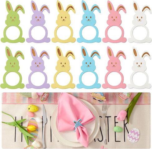 مجموعة حلقات منديل أرنب عيد الفصح من APTWOW مكونة من 12 - حامل مناديل أرنب عيد الفصح الخشبي الملون، حلقات منديل الربيع لتزيين طاولات حفلات أعياد الميلاد وحفلات الزفاف in Kuwait