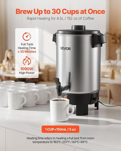 VEVOR Commercial Coffee Urn, 30 Cup 152oz Hot Beverage Dispenser with Dripless Faucet, 1090W Quick-Brewing Coffee Maker, Automatic Temperature Control, for Catering, Party, Church & Restaurant in Saudi Arabia