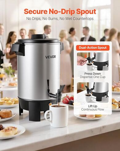 VEVOR Commercial Coffee Urn, 30 Cup 152oz Hot Beverage Dispenser with Dripless Faucet, 1090W Quick-Brewing Coffee Maker, Automatic Temperature Control, for Catering, Party, Church & Restaurant in Saudi Arabia