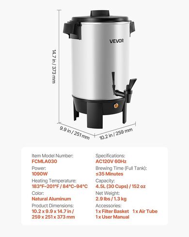 VEVOR Commercial Coffee Urn, 30 Cup 152oz Hot Beverage Dispenser with Dripless Faucet, 1090W Quick-Brewing Coffee Maker, Automatic Temperature Control, for Catering, Party, Church & Restaurant in Saudi Arabia